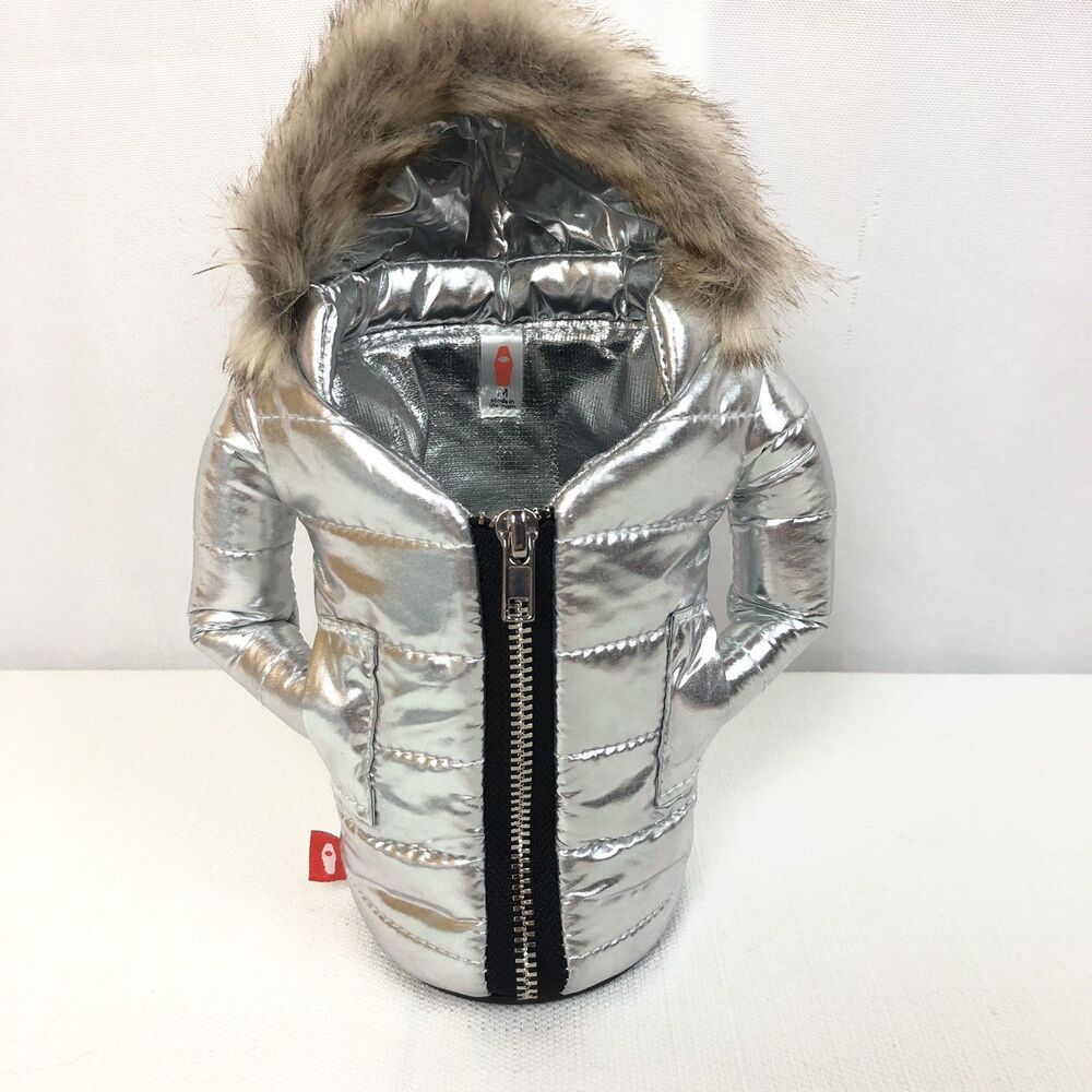 Puffin Drink Parka Puffer Jacket Insulated Zip Koozie Silver Fur Hood Cooler